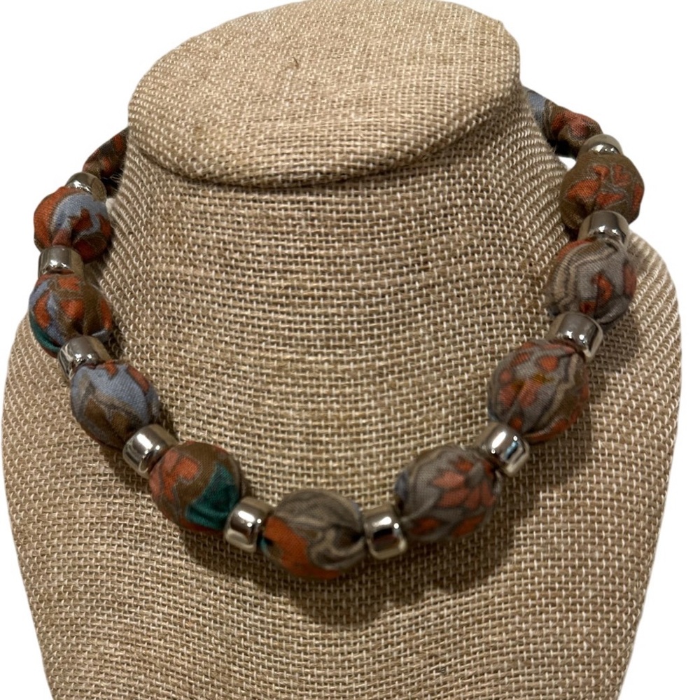 Handcrafted Brown+Rust Floral Kantha Inspired Fabric Bead Necklace